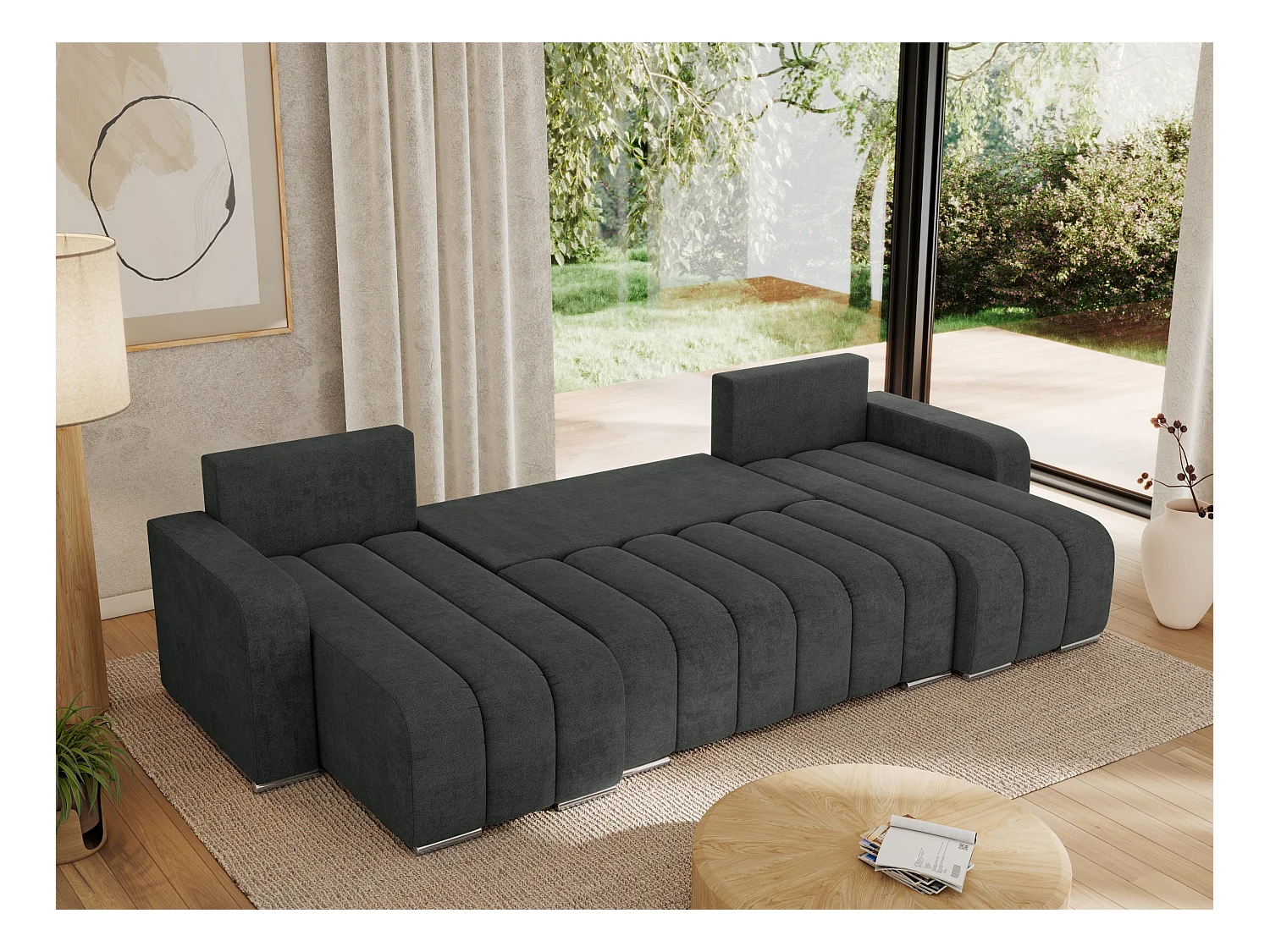 Ecksofa KIRASSO U - Wohnlandschaft, Schlaffunktion und Bettkasten, Couch U-form, lose Kissen - Dunkelgrau Strukture