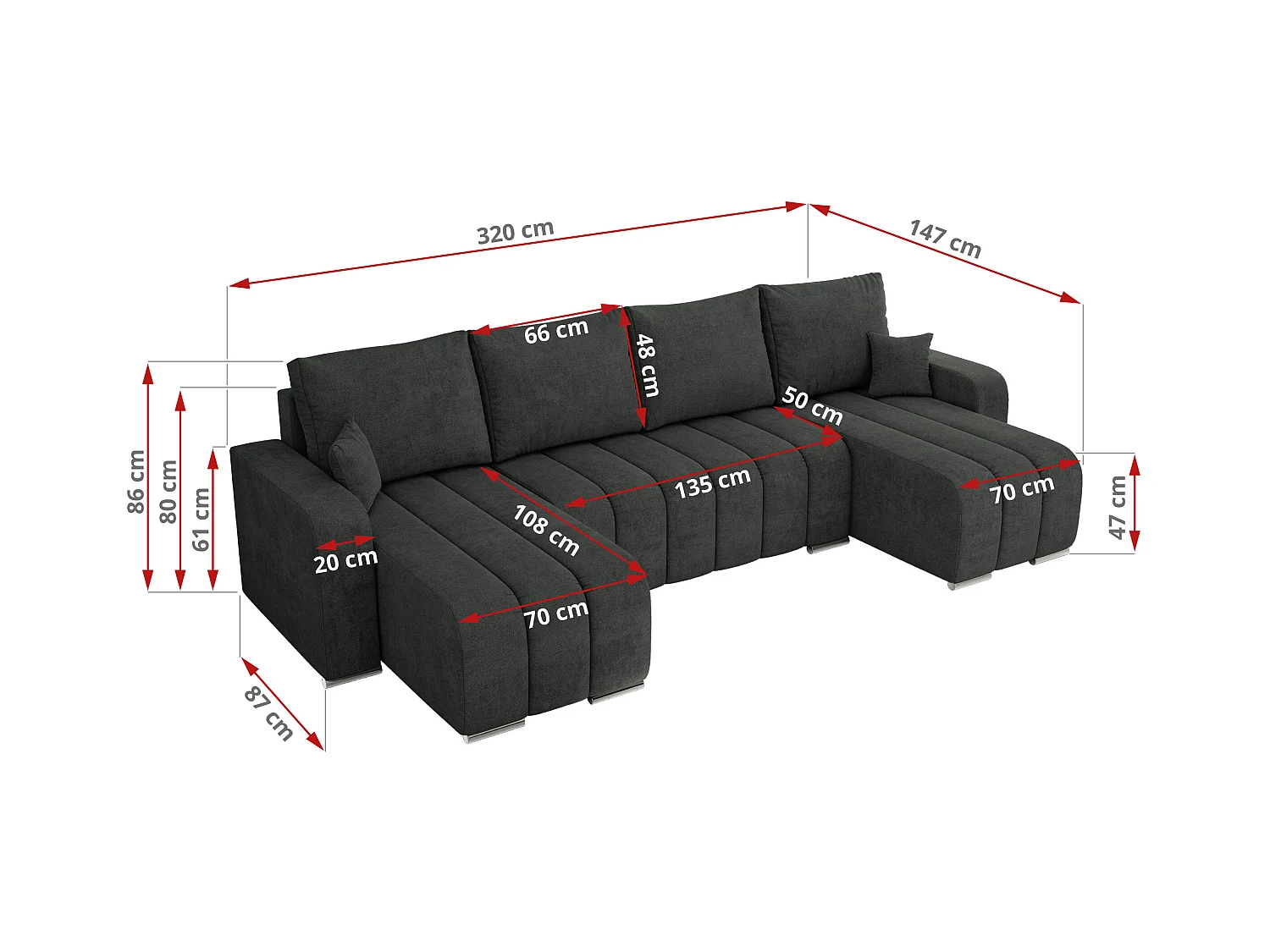 Ecksofa KIRASSO U - Wohnlandschaft, Schlaffunktion und Bettkasten, Couch U-form, lose Kissen - Dunkelgrau Strukture