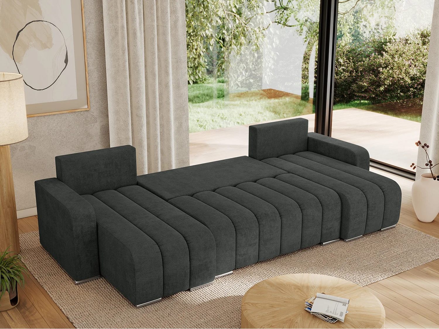 Ecksofa KIRASSO U - Wohnlandschaft, Schlaffunktion und Bettkasten, Couch U-form, lose Kissen - Dunkelgrau Strukture