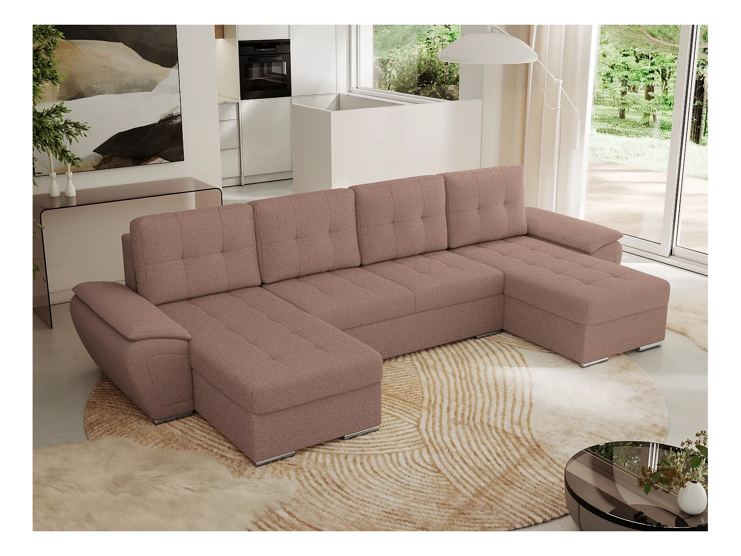 Ecksofa UMBRIA U - XXL Wohnlandschaft, mit Schlaffunktion und Bettkasten, genähte Ecke - Rosa Boucle