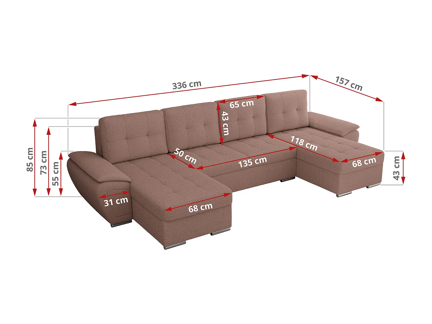 Ecksofa UMBRIA U - XXL Wohnlandschaft, mit Schlaffunktion und Bettkasten, genähte Ecke - Rosa Boucle