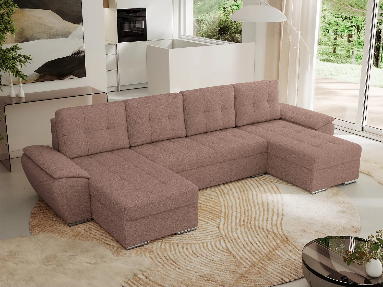 Ecksofa UMBRIA U - XXL Wohnlandschaft, mit Schlaffunktion und Bettkasten, genähte Ecke - Rosa Boucle