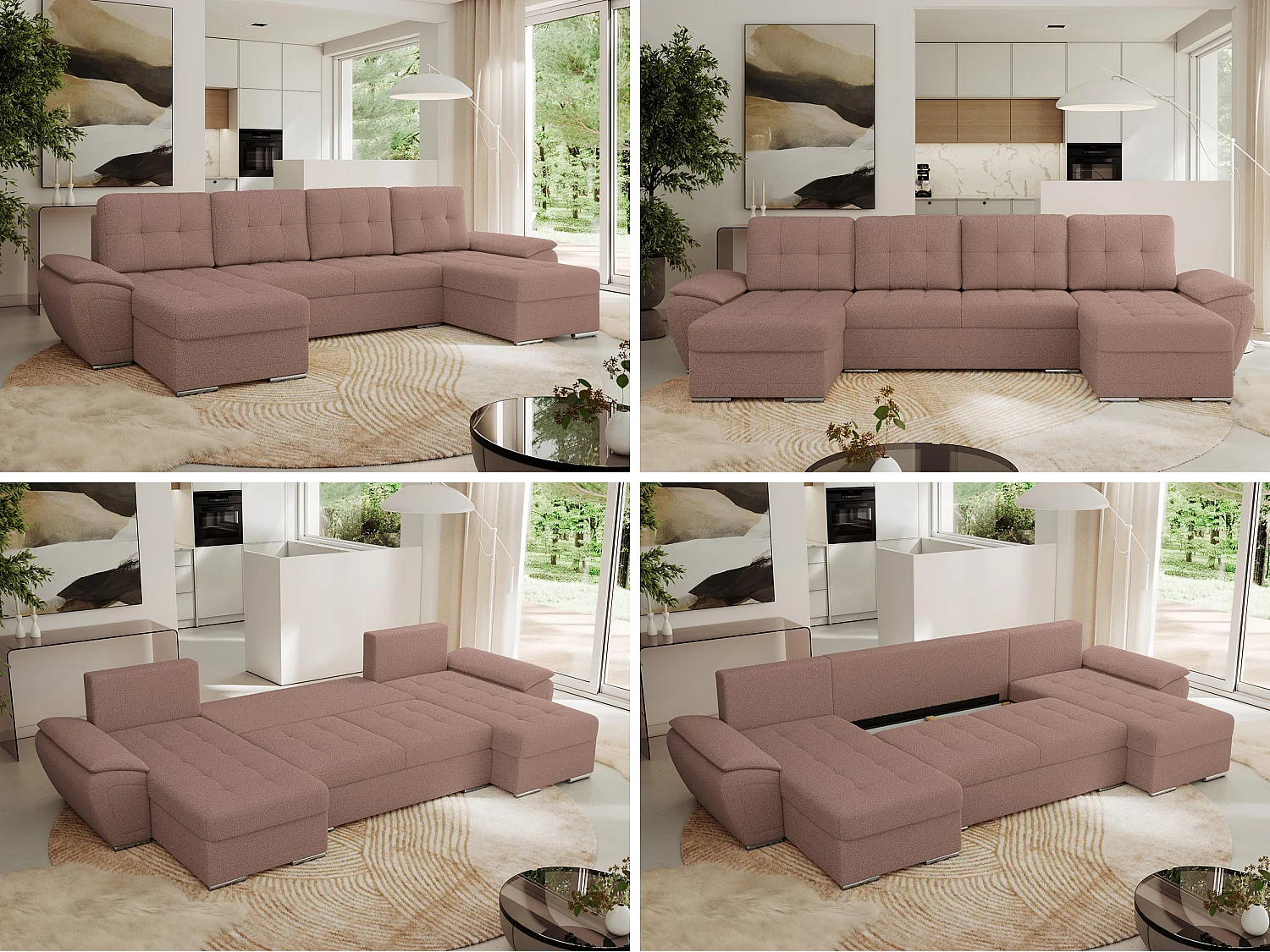 Ecksofa UMBRIA U - XXL Wohnlandschaft, mit Schlaffunktion und Bettkasten, genähte Ecke - Rosa Boucle
