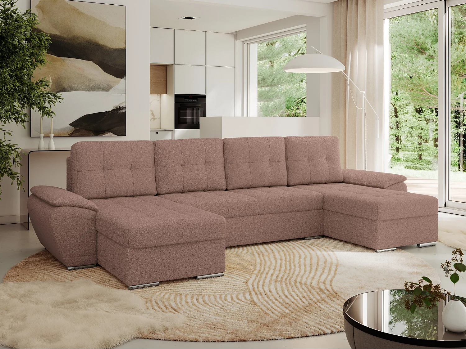 Ecksofa UMBRIA U - XXL Wohnlandschaft, mit Schlaffunktion und Bettkasten, genähte Ecke - Rosa Boucle