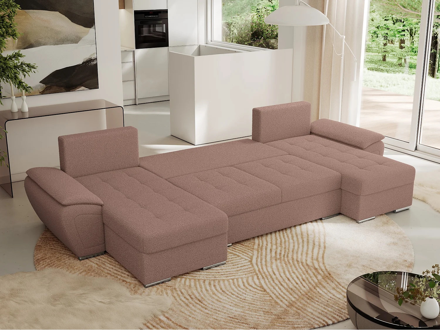 Ecksofa UMBRIA U - XXL Wohnlandschaft, mit Schlaffunktion und Bettkasten, genähte Ecke - Rosa Boucle