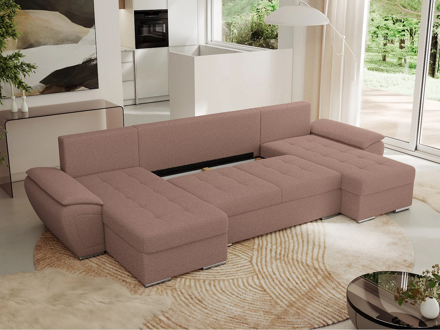 Ecksofa UMBRIA U - XXL Wohnlandschaft, mit Schlaffunktion und Bettkasten, genähte Ecke - Rosa Boucle
