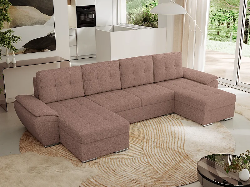 Ecksofa UMBRIA U - XXL Wohnlandschaft, mit Schlaffunktion und Bettkasten, genähte Ecke - Rosa Boucle