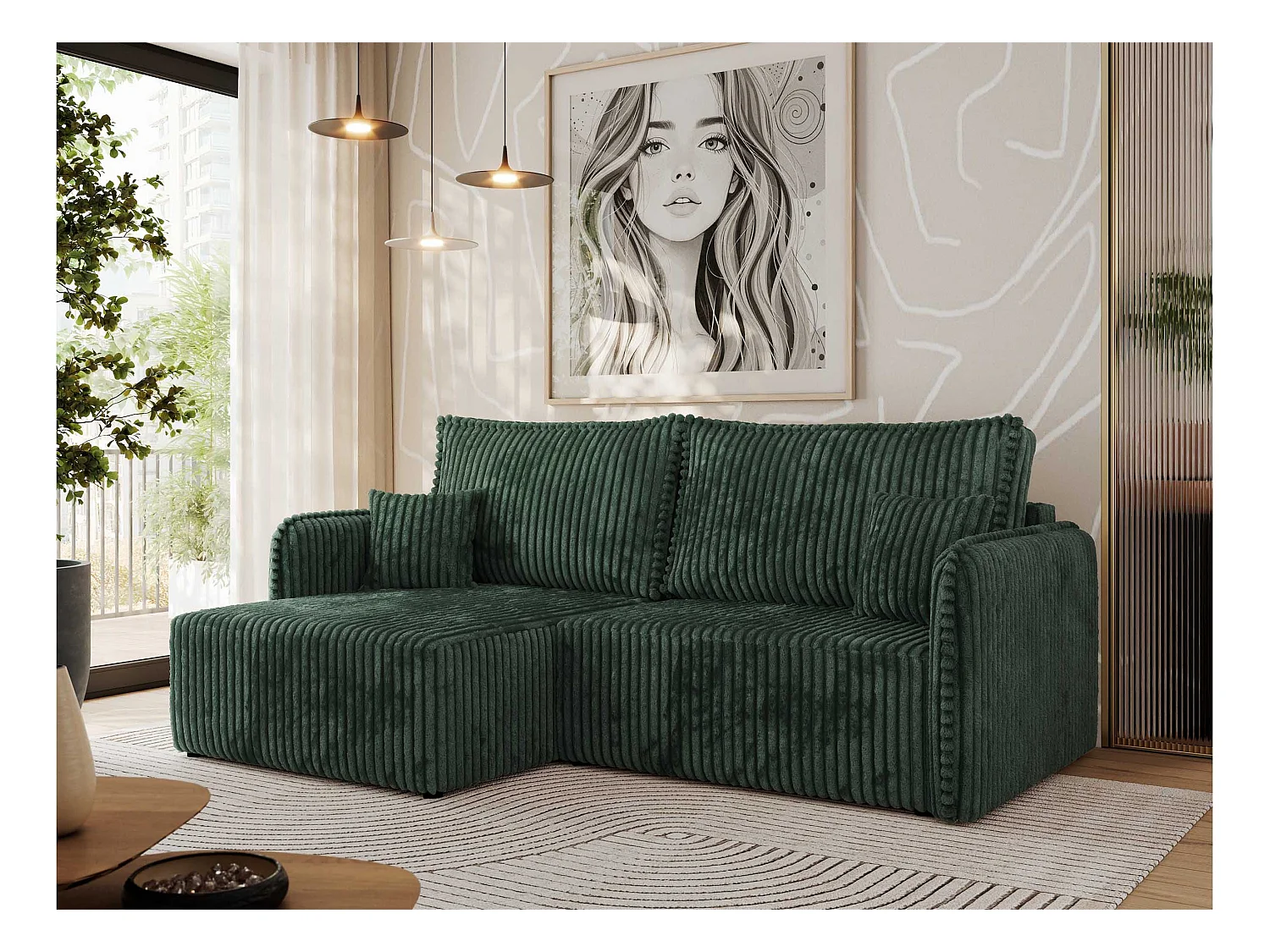 Ecksofa MESTO - Schlaffunktion und Bettkasten, L-form Couch für das Wohnzimmer, Armlehnen - Grün Cord - Ecke Links