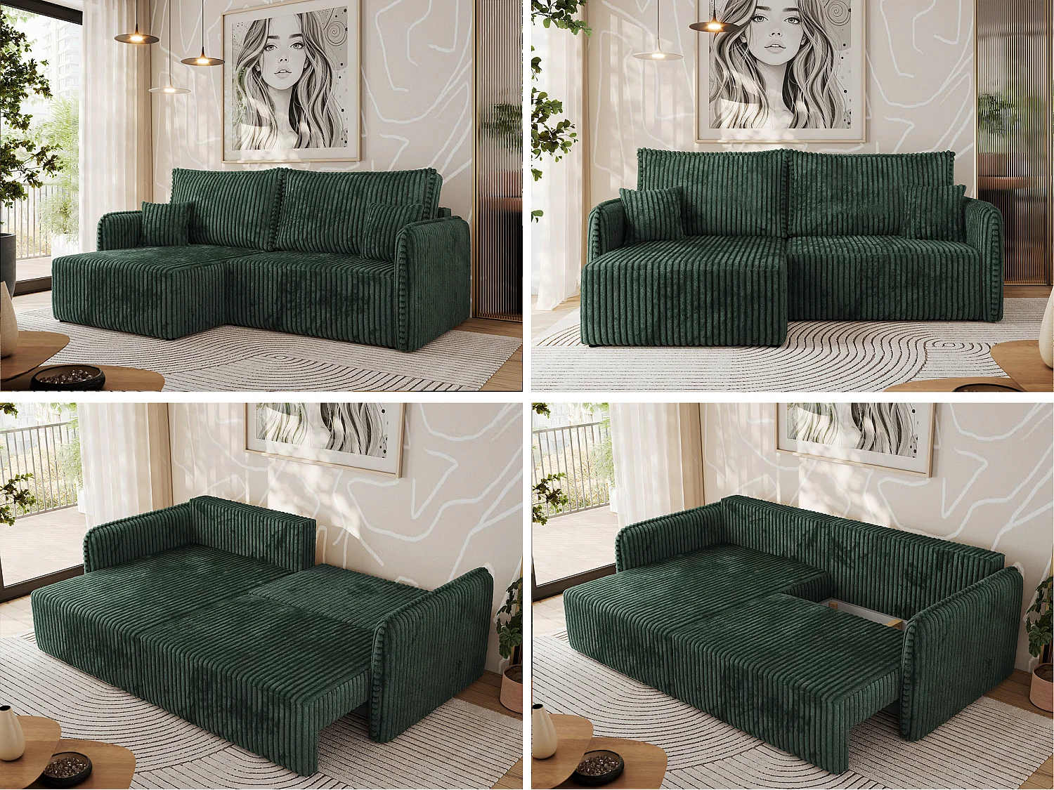 Ecksofa MESTO - Schlaffunktion und Bettkasten, L-form Couch für das Wohnzimmer, Armlehnen - Grün Cord - Ecke Links