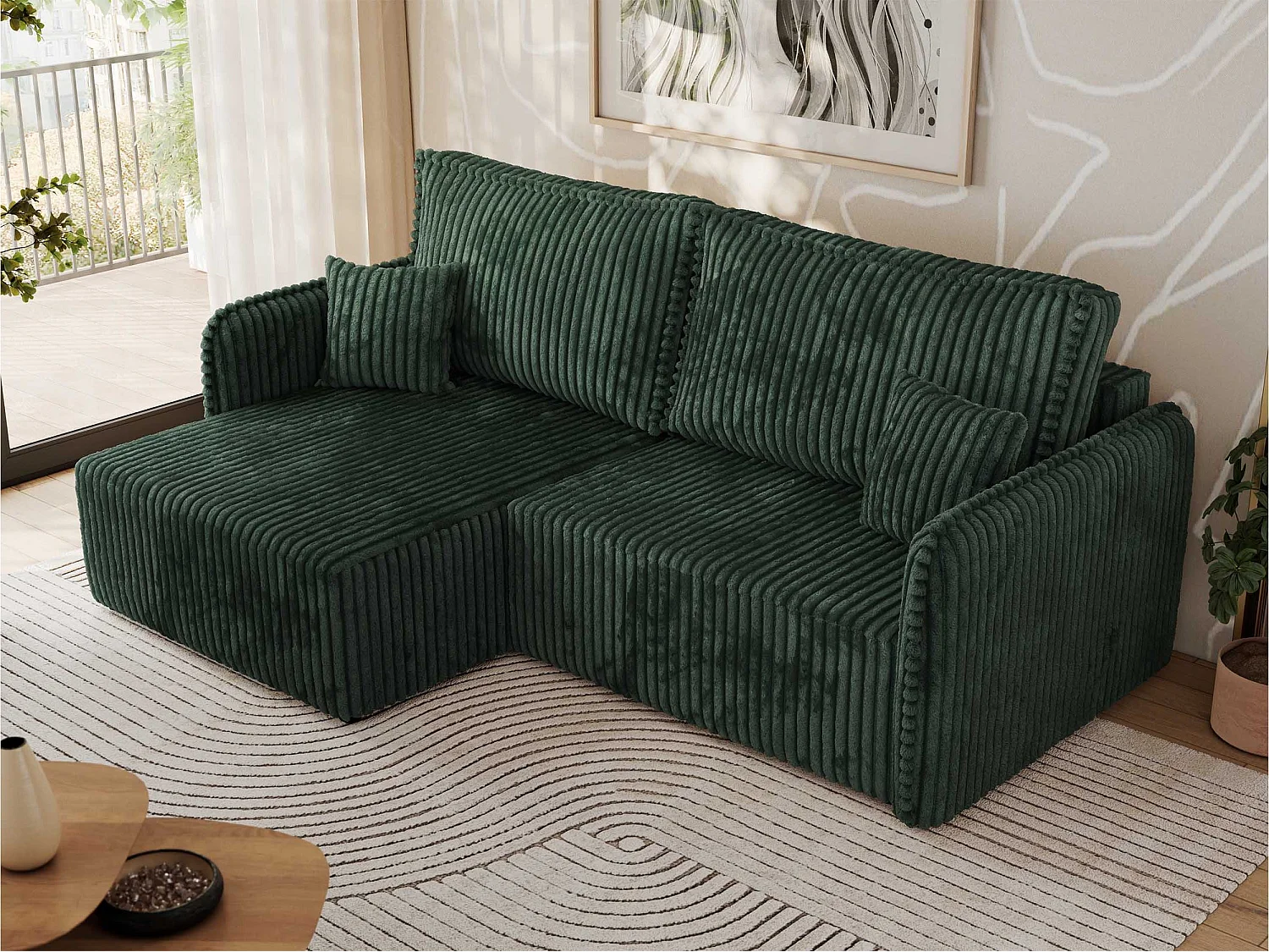 Ecksofa MESTO - Schlaffunktion und Bettkasten, L-form Couch für das Wohnzimmer, Armlehnen - Grün Cord - Ecke Links