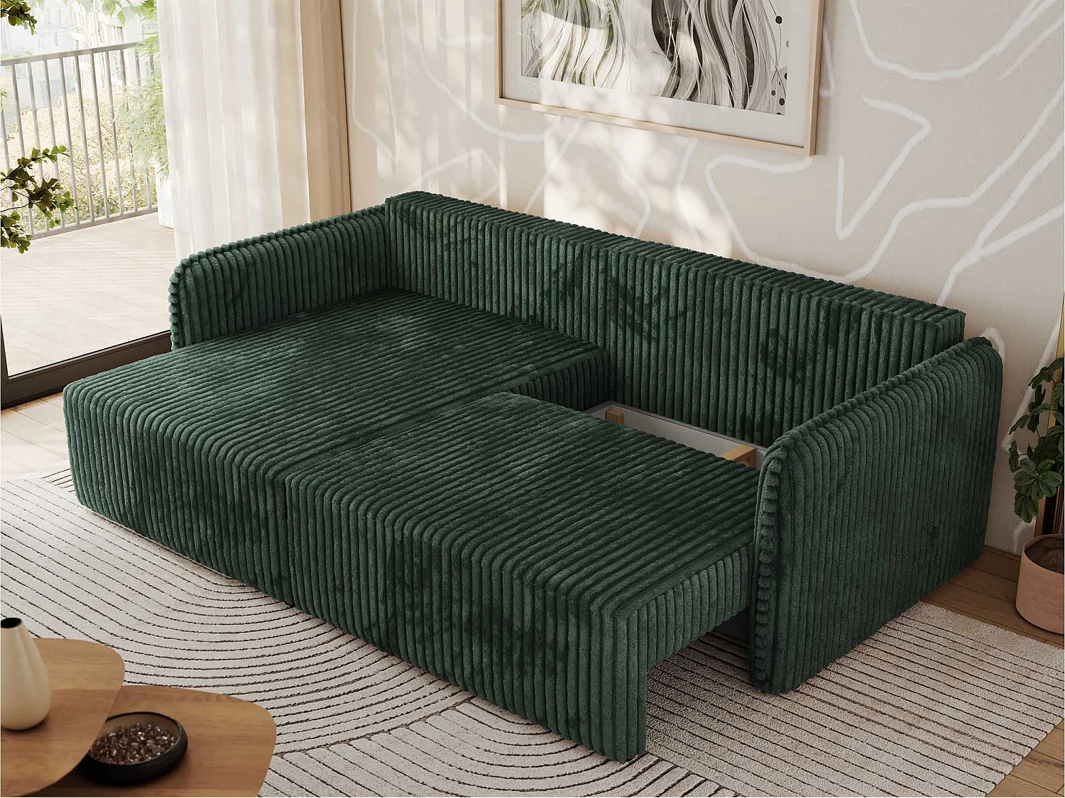 Ecksofa MESTO - Schlaffunktion und Bettkasten, L-form Couch für das Wohnzimmer, Armlehnen - Grün Cord - Ecke Links