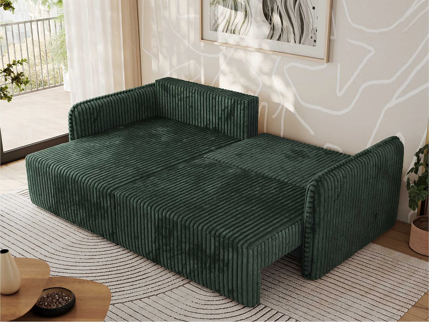 Ecksofa MESTO - Schlaffunktion und Bettkasten, L-form Couch für das Wohnzimmer, Armlehnen - Grün Cord - Ecke Links