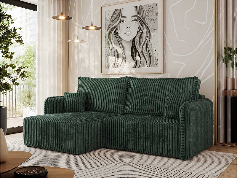 Ecksofa MESTO - Schlaffunktion und Bettkasten, L-form Couch für das Wohnzimmer, Armlehnen - Grün Cord - Ecke Links