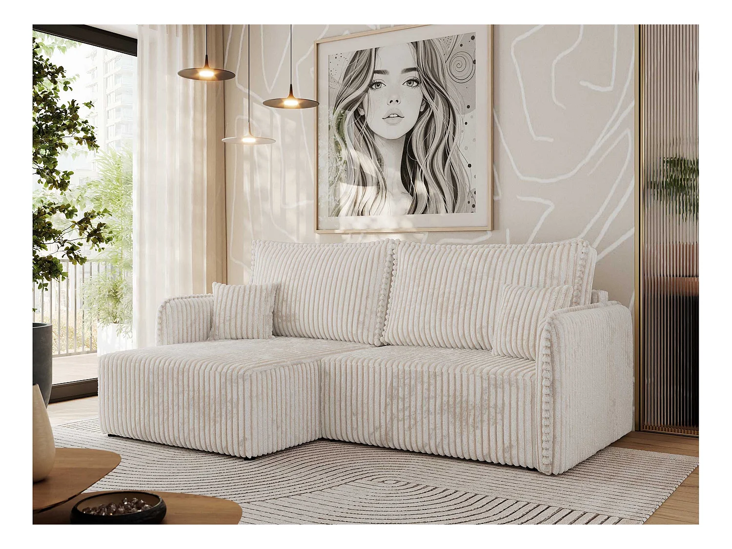 Ecksofa MESTO - Schlaffunktion und Bettkasten, L-form Couch für das Wohnzimmer, Armlehnen - Beige Cord - Ecke Links