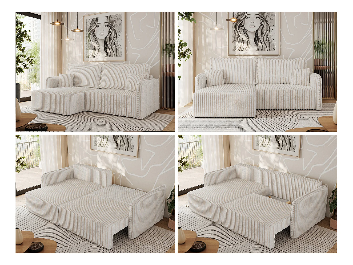 Ecksofa MESTO - Schlaffunktion und Bettkasten, L-form Couch für das Wohnzimmer, Armlehnen - Beige Cord - Ecke Links