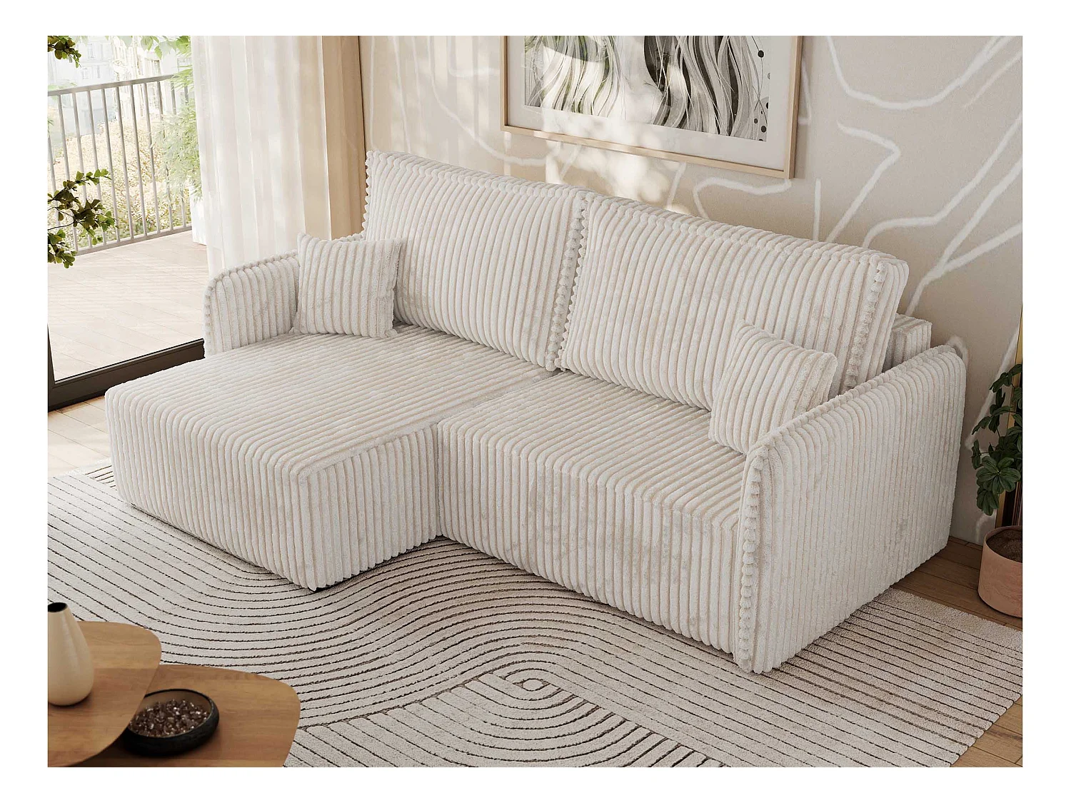 Ecksofa MESTO - Schlaffunktion und Bettkasten, L-form Couch für das Wohnzimmer, Armlehnen - Beige Cord - Ecke Links