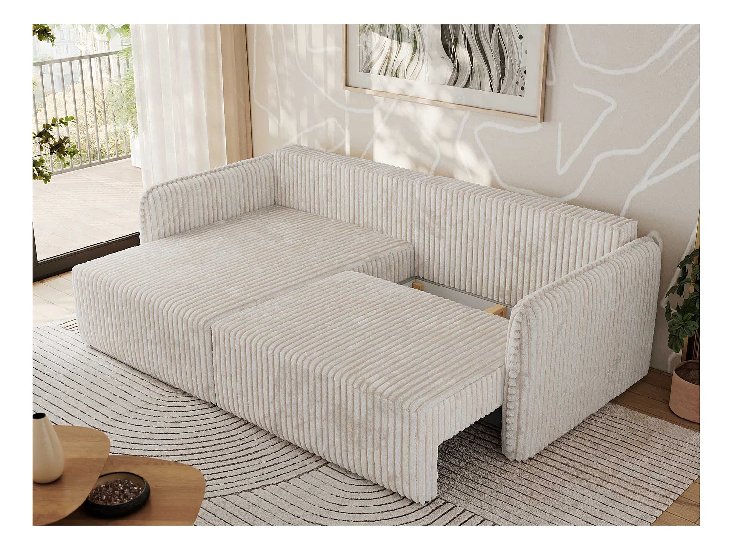 Ecksofa MESTO - Schlaffunktion und Bettkasten, L-form Couch für das Wohnzimmer, Armlehnen - Beige Cord - Ecke Links