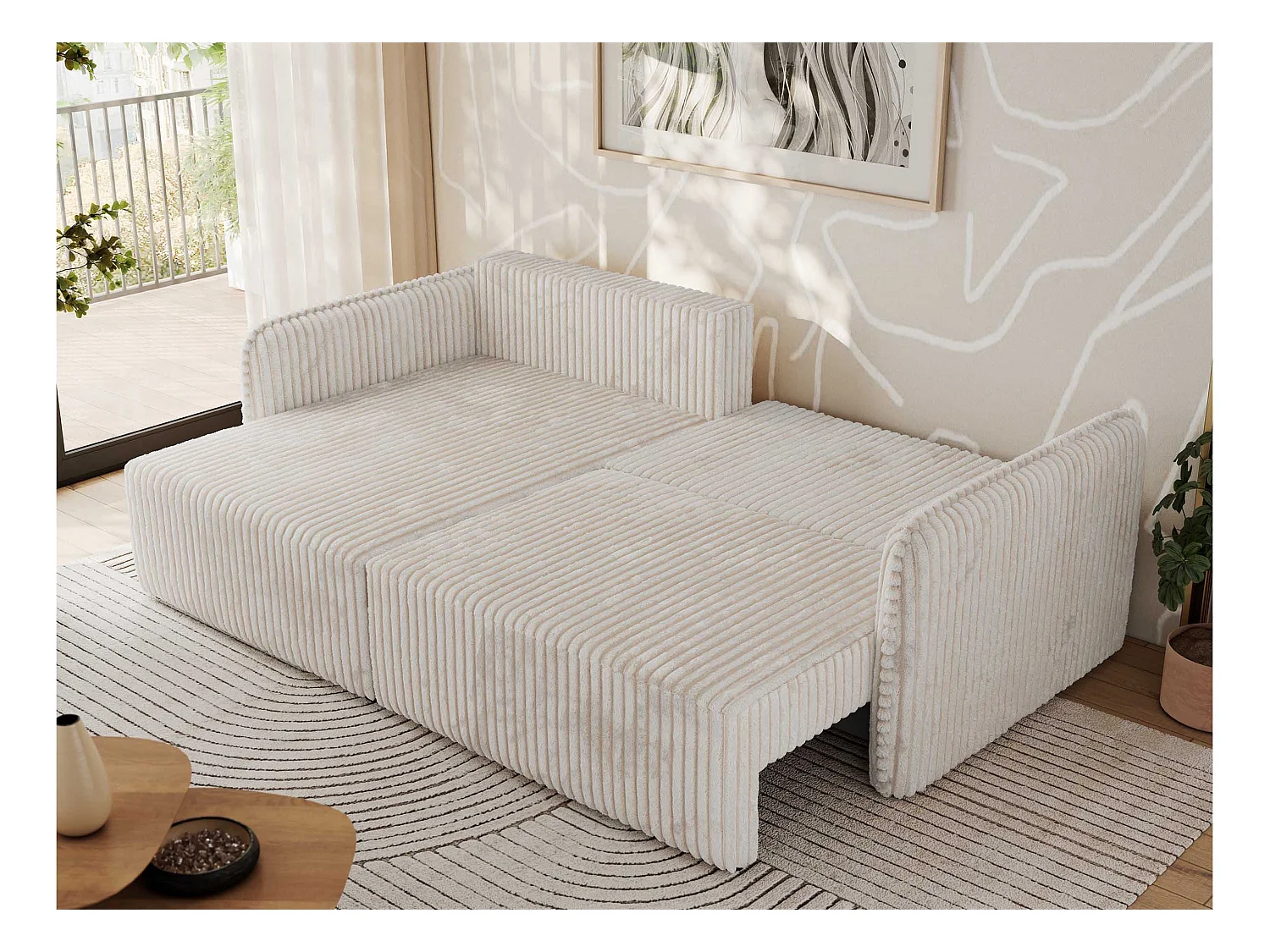 Ecksofa MESTO - Schlaffunktion und Bettkasten, L-form Couch für das Wohnzimmer, Armlehnen - Beige Cord - Ecke Links