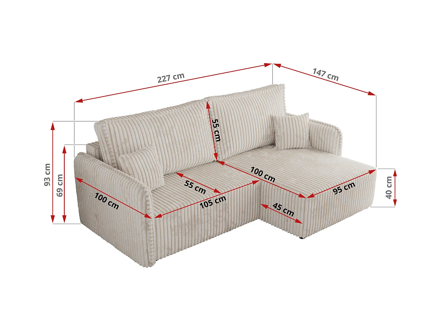 Ecksofa MESTO - Schlaffunktion und Bettkasten, L-form Couch für das Wohnzimmer, Armlehnen - Beige Cord - Ecke Links