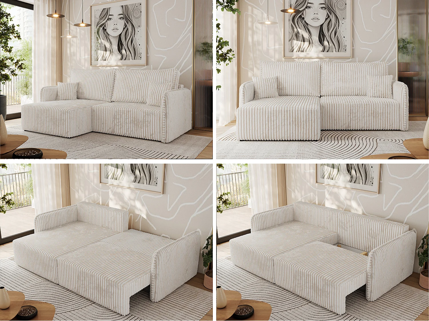 Ecksofa MESTO - Schlaffunktion und Bettkasten, L-form Couch für das Wohnzimmer, Armlehnen - Beige Cord - Ecke Links