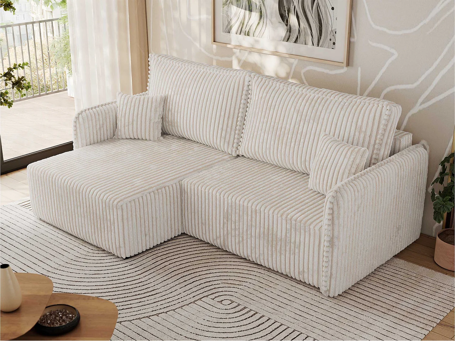 Ecksofa MESTO - Schlaffunktion und Bettkasten, L-form Couch für das Wohnzimmer, Armlehnen - Beige Cord - Ecke Links