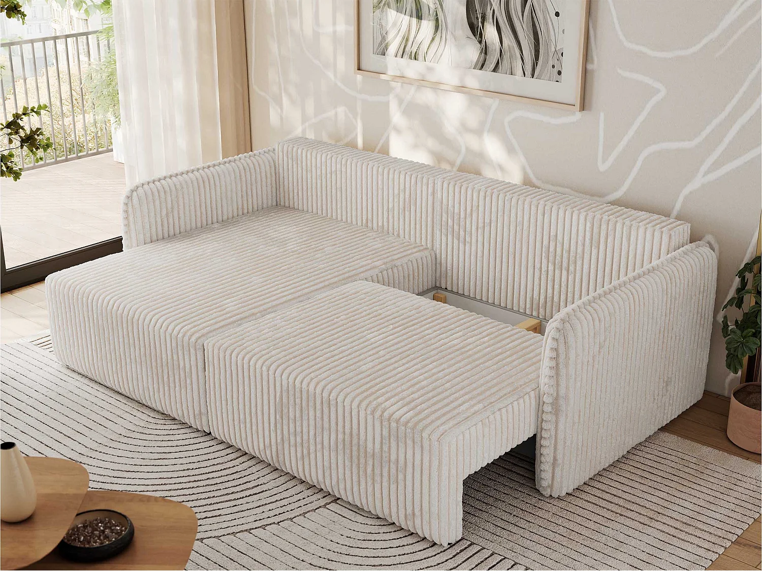 Ecksofa MESTO - Schlaffunktion und Bettkasten, L-form Couch für das Wohnzimmer, Armlehnen - Beige Cord - Ecke Links