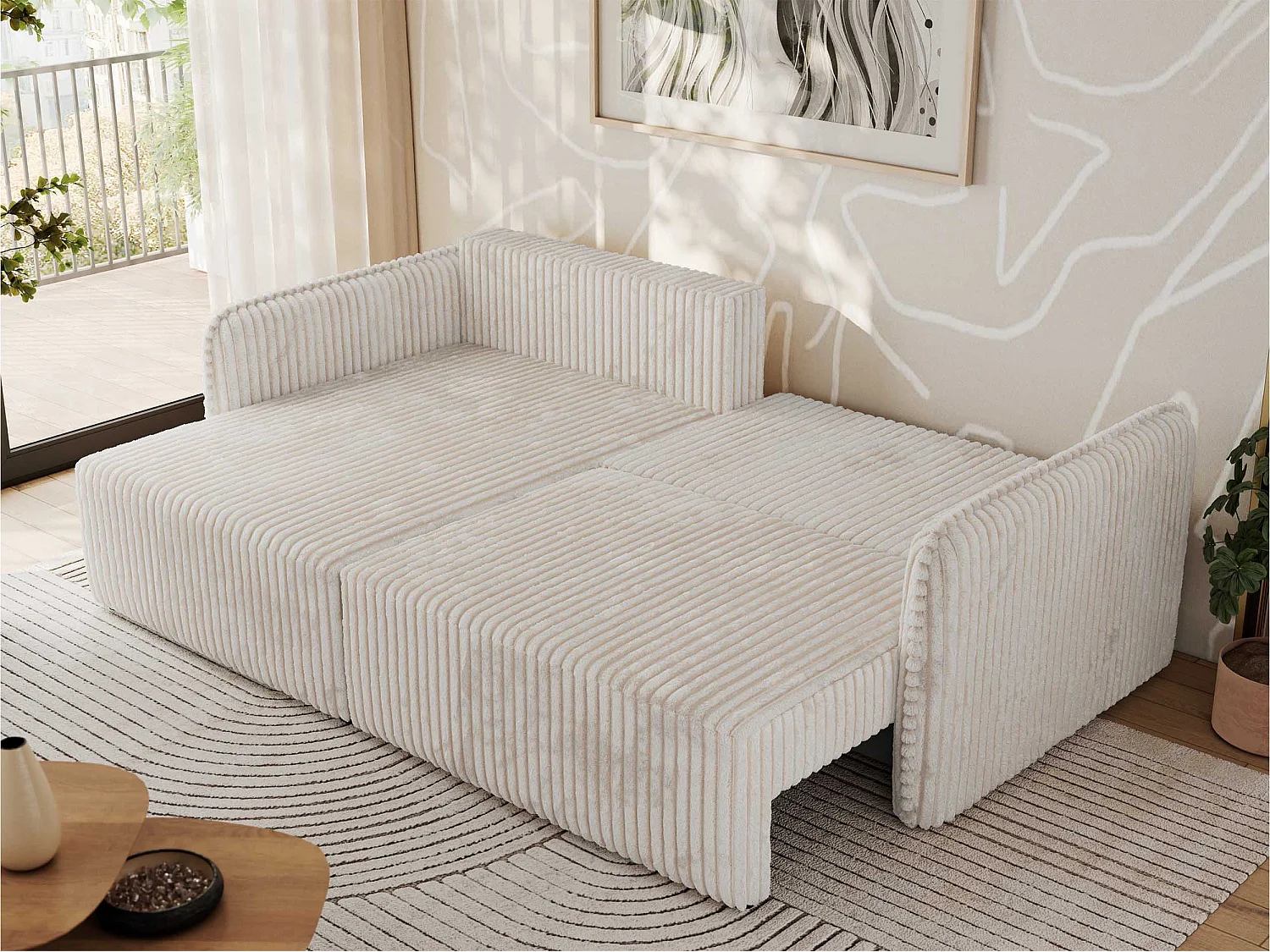 Ecksofa MESTO - Schlaffunktion und Bettkasten, L-form Couch für das Wohnzimmer, Armlehnen - Beige Cord - Ecke Links