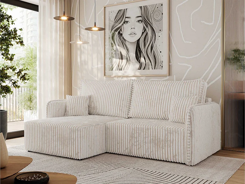 Ecksofa MESTO - Schlaffunktion und Bettkasten, L-form Couch für das Wohnzimmer, Armlehnen - Beige Cord - Ecke Links