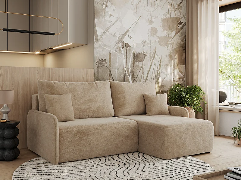 Ecksofa ARPA - L-form Schlaffsofa, Bettkasten und lose Kissen, Armlehnen - Beige Plüsch - Ecke Rechts