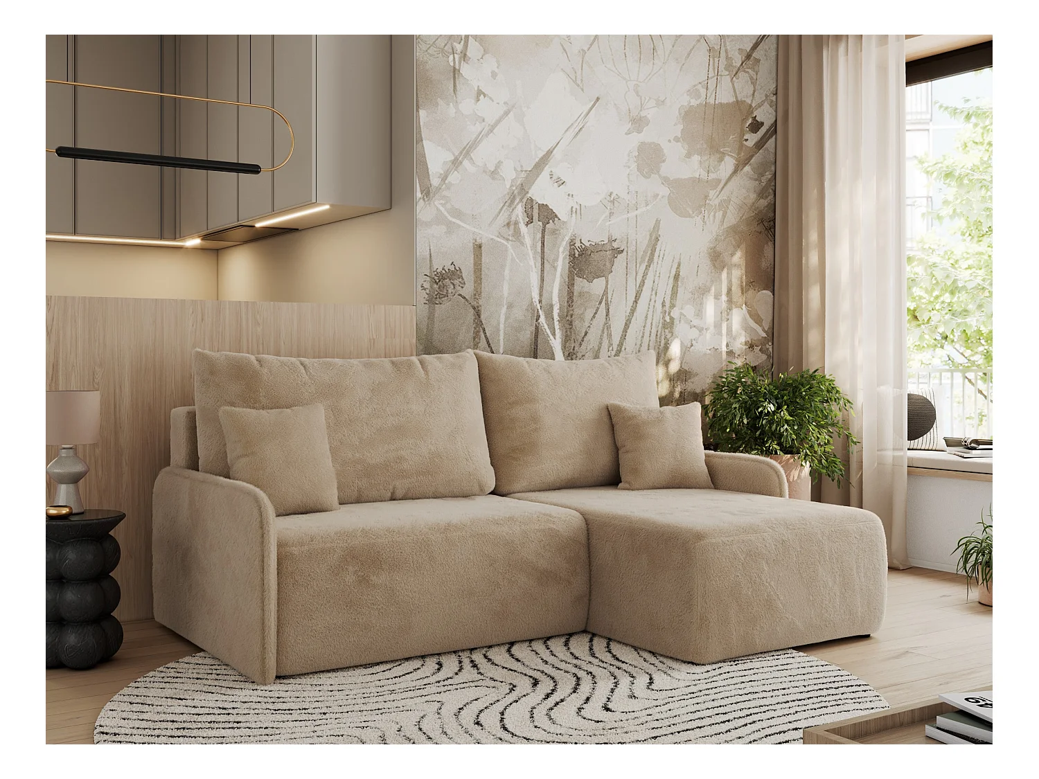 Ecksofa ARPA - L-form Schlaffsofa, Bettkasten und lose Kissen, Armlehnen - Beige Plüsch - Ecke Rechts