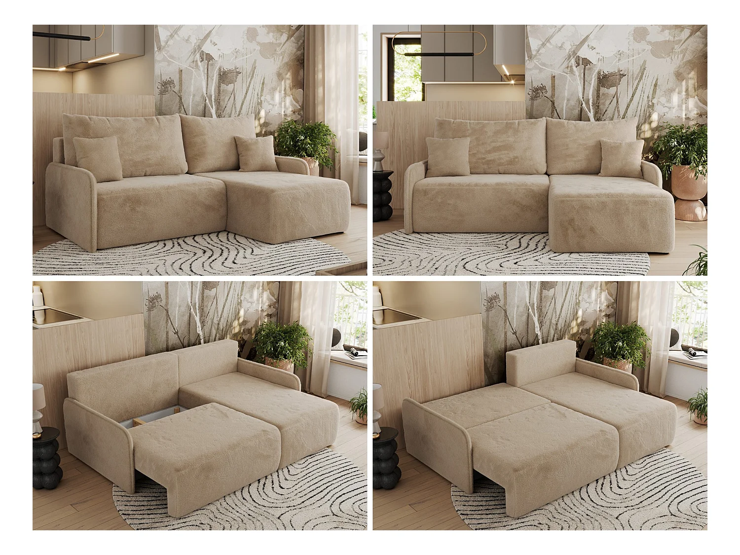 Ecksofa ARPA - L-form Schlaffsofa, Bettkasten und lose Kissen, Armlehnen - Beige Plüsch - Ecke Rechts