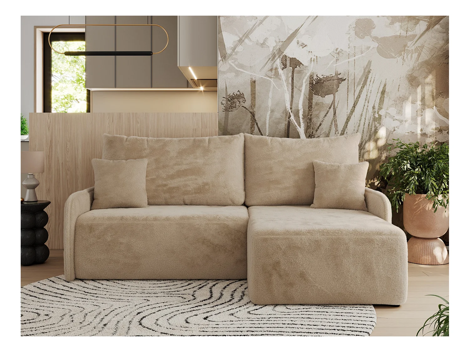 Ecksofa ARPA - L-form Schlaffsofa, Bettkasten und lose Kissen, Armlehnen - Beige Plüsch - Ecke Rechts