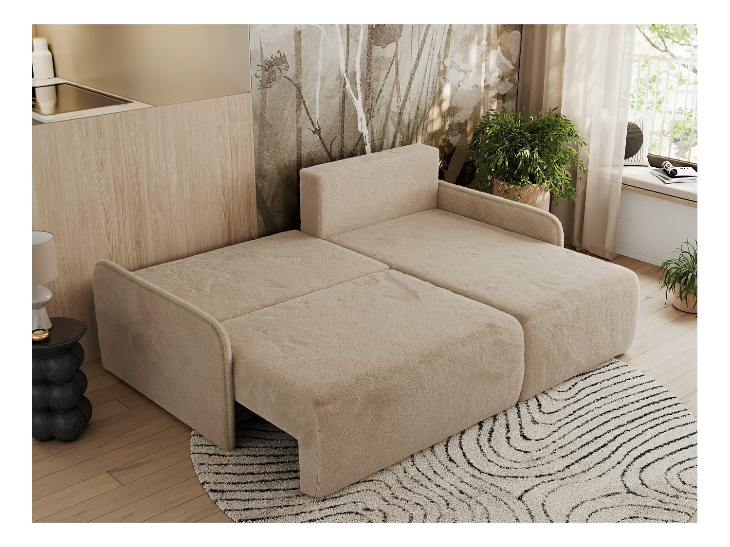 Ecksofa ARPA - L-form Schlaffsofa, Bettkasten und lose Kissen, Armlehnen - Beige Plüsch - Ecke Rechts