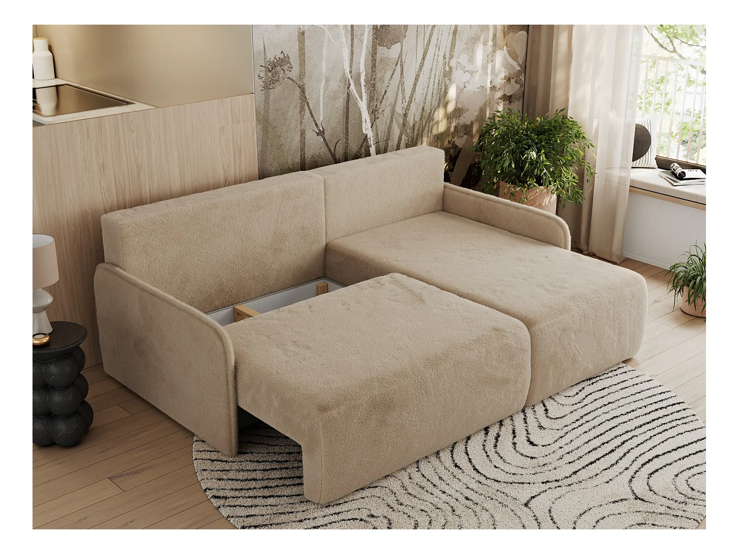 Ecksofa ARPA - L-form Schlaffsofa, Bettkasten und lose Kissen, Armlehnen - Beige Plüsch - Ecke Rechts
