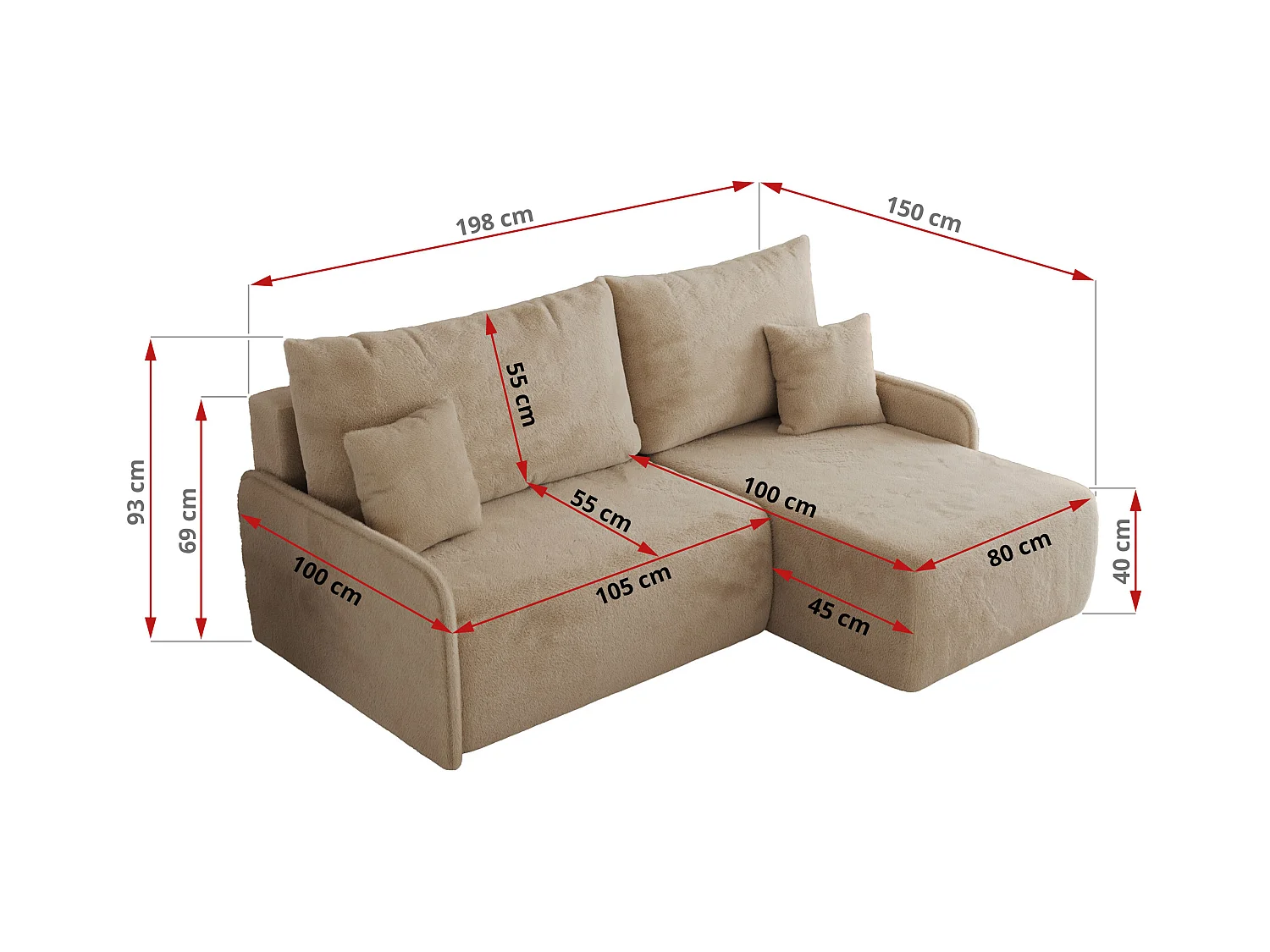 Ecksofa ARPA - L-form Schlaffsofa, Bettkasten und lose Kissen, Armlehnen - Beige Plüsch - Ecke Rechts