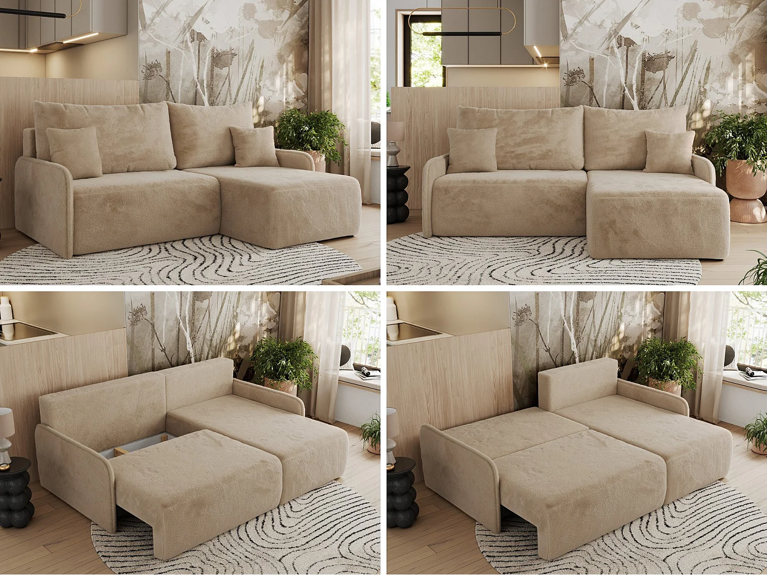 Ecksofa ARPA - L-form Schlaffsofa, Bettkasten und lose Kissen, Armlehnen - Beige Plüsch - Ecke Rechts