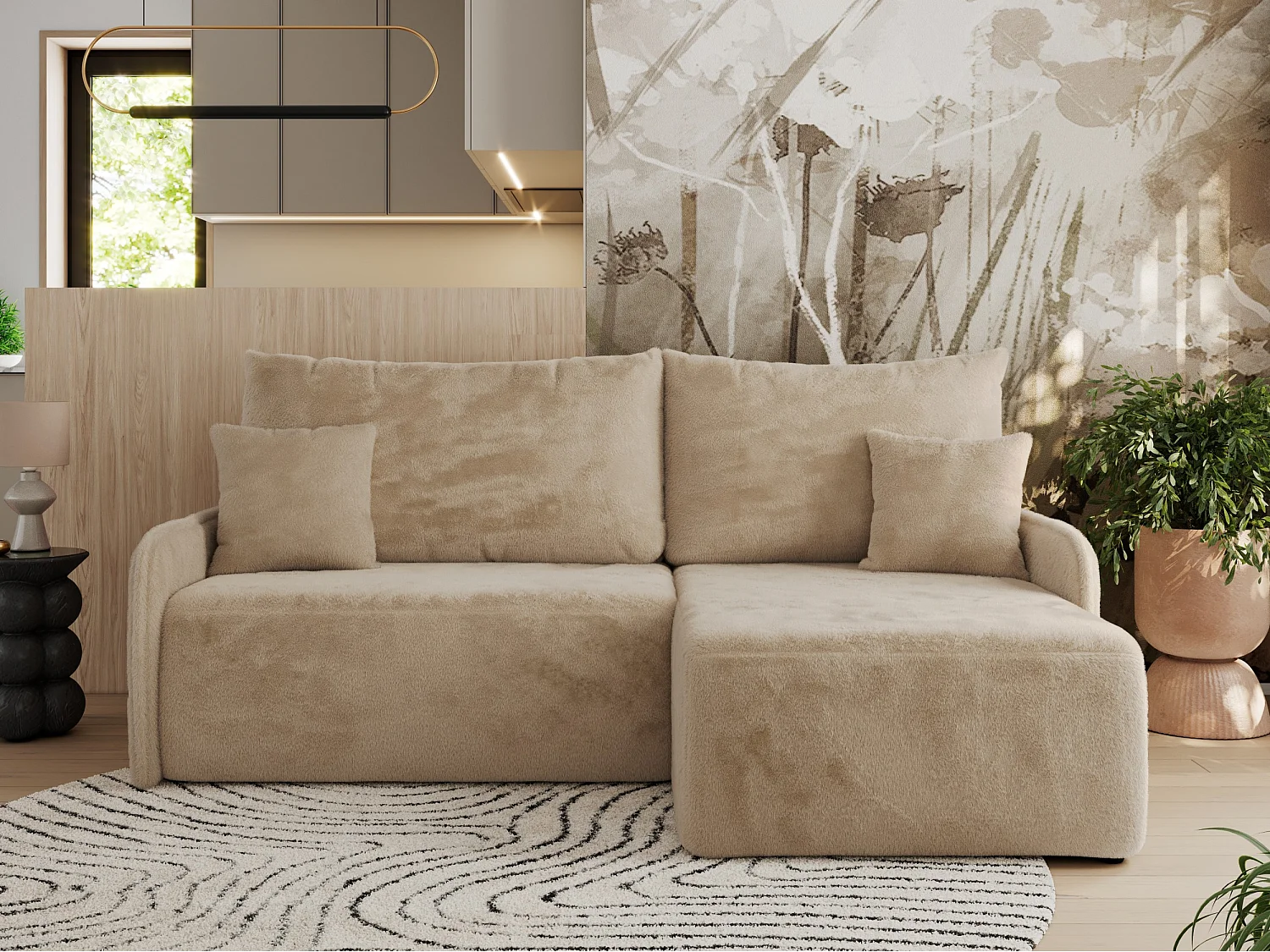 Ecksofa ARPA - L-form Schlaffsofa, Bettkasten und lose Kissen, Armlehnen - Beige Plüsch - Ecke Rechts
