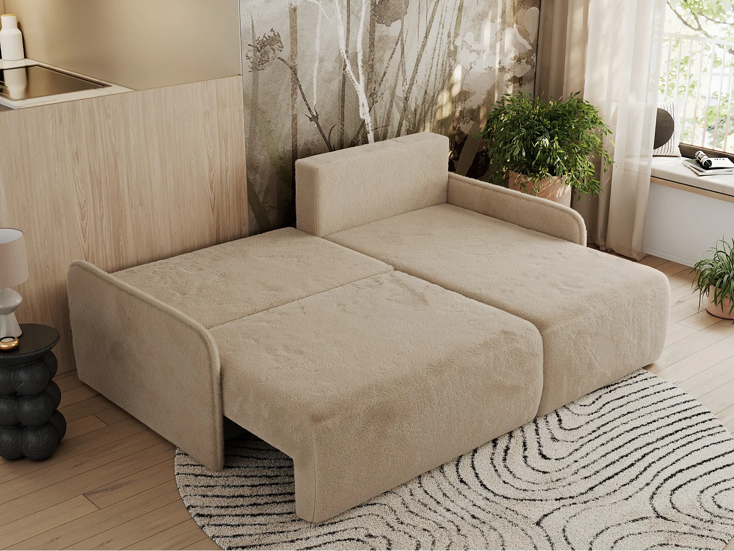Ecksofa ARPA - L-form Schlaffsofa, Bettkasten und lose Kissen, Armlehnen - Beige Plüsch - Ecke Rechts