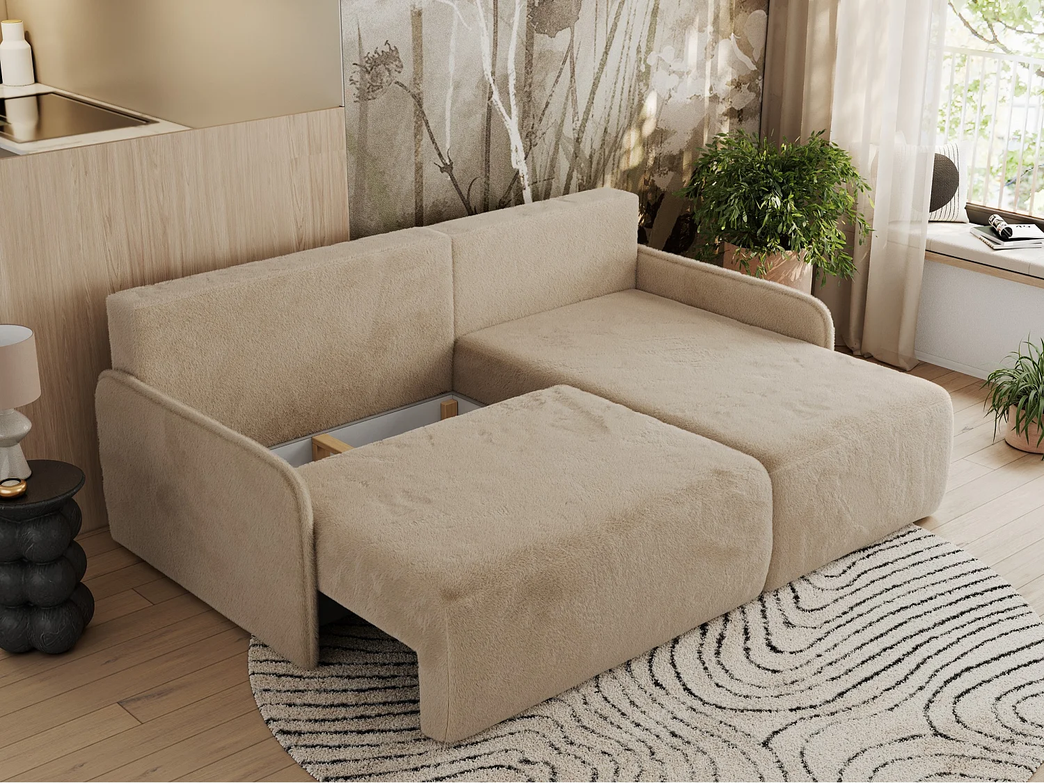 Ecksofa ARPA - L-form Schlaffsofa, Bettkasten und lose Kissen, Armlehnen - Beige Plüsch - Ecke Rechts
