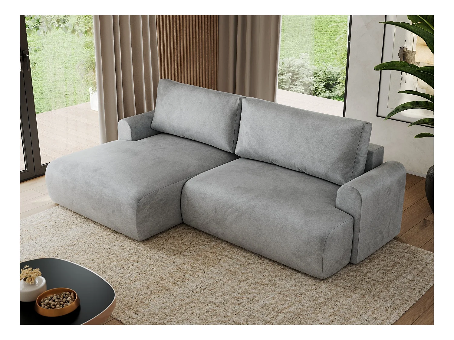 Ecksofa TONO - mit Schlaffunktion und Bettkasten, L-form Ecke, Armlehnen - Hellgrau Velvet - Ecke Links