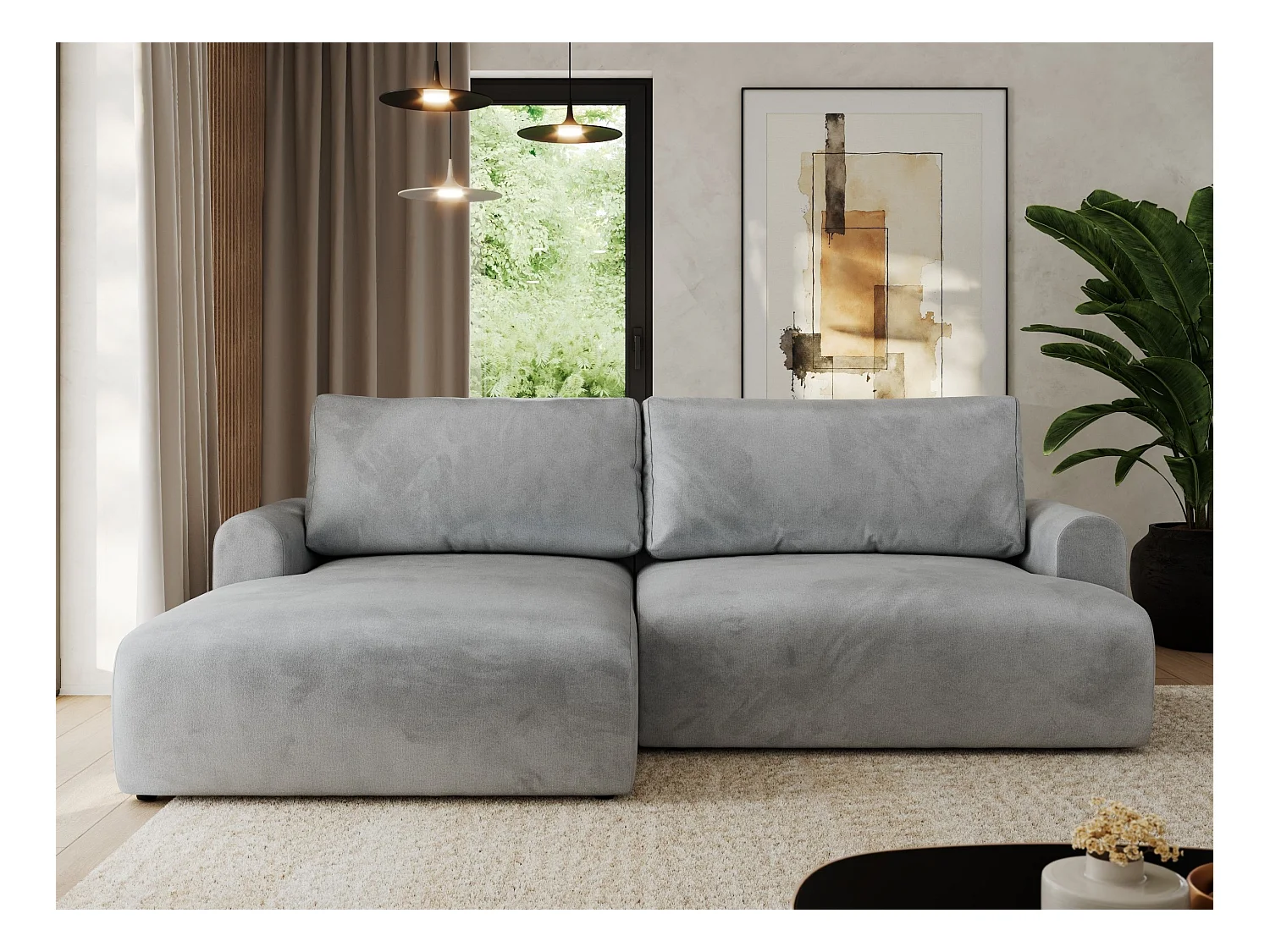 Ecksofa TONO - mit Schlaffunktion und Bettkasten, L-form Ecke, Armlehnen - Hellgrau Velvet - Ecke Links