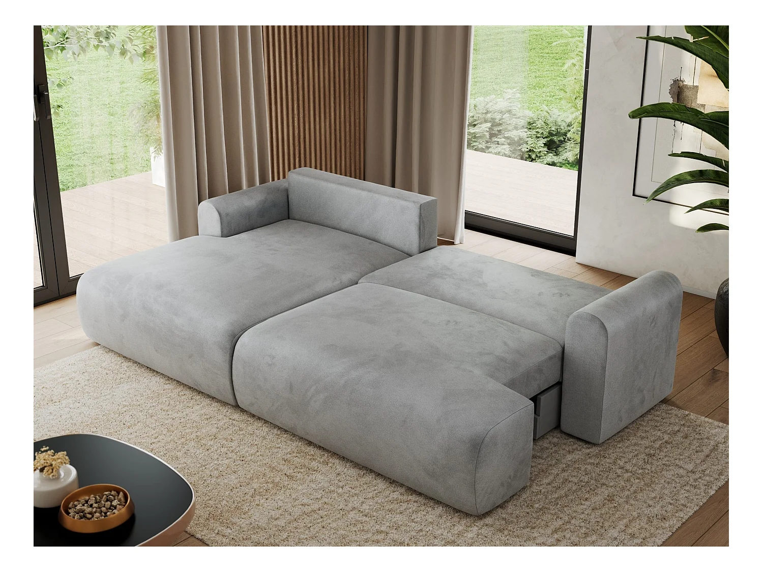 Ecksofa TONO - mit Schlaffunktion und Bettkasten, L-form Ecke, Armlehnen - Hellgrau Velvet - Ecke Links