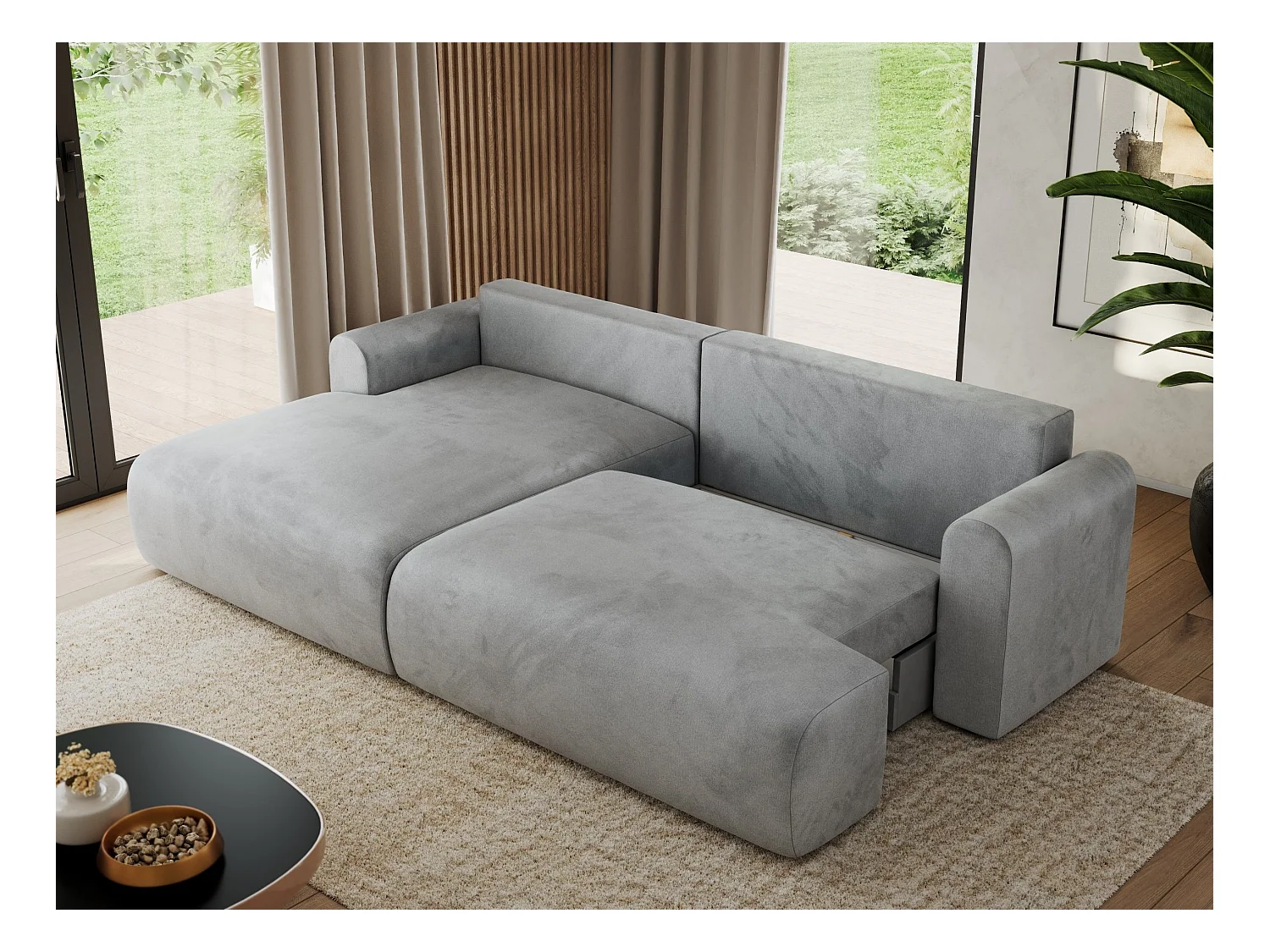 Ecksofa TONO - mit Schlaffunktion und Bettkasten, L-form Ecke, Armlehnen - Hellgrau Velvet - Ecke Links