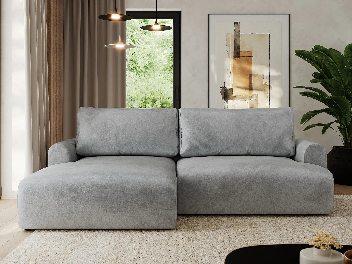 Ecksofa TONO - mit Schlaffunktion und Bettkasten, L-form Ecke, Armlehnen - Hellgrau Velvet - Ecke Links