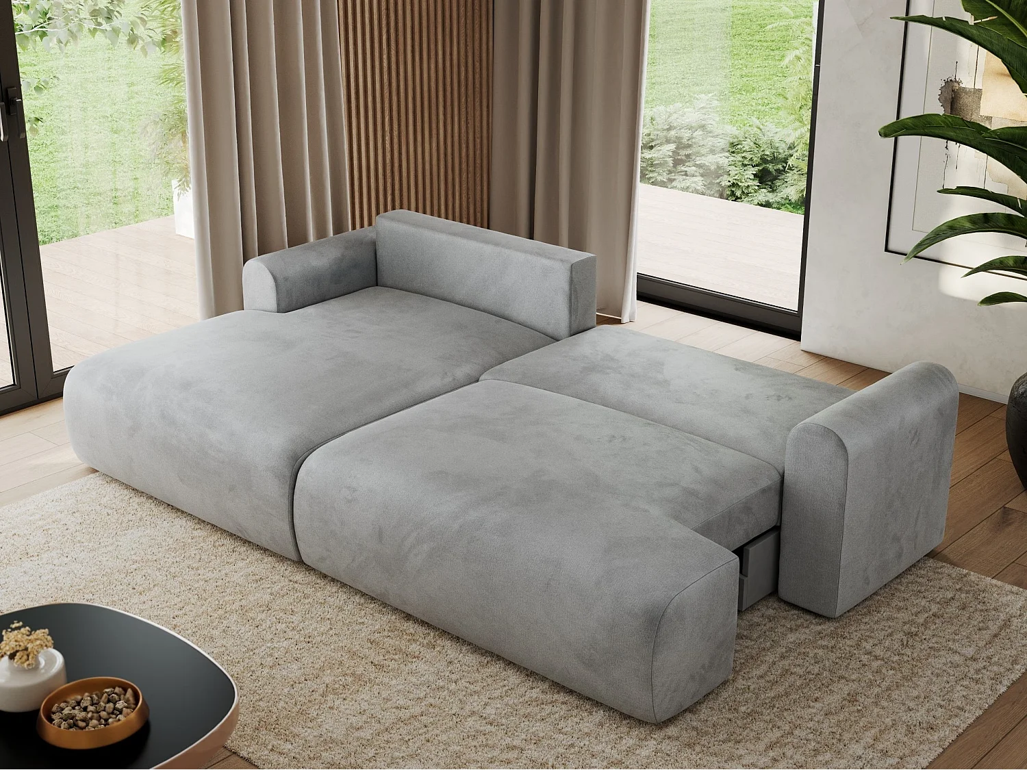 Ecksofa TONO - mit Schlaffunktion und Bettkasten, L-form Ecke, Armlehnen - Hellgrau Velvet - Ecke Links