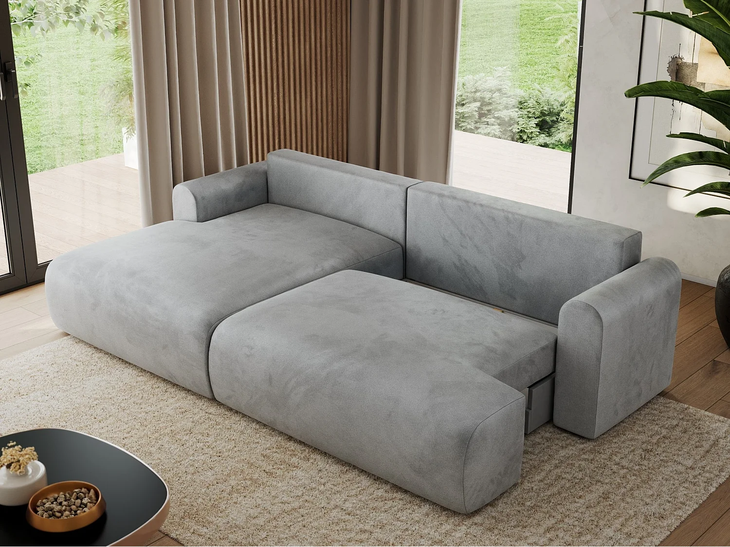 Ecksofa TONO - mit Schlaffunktion und Bettkasten, L-form Ecke, Armlehnen - Hellgrau Velvet - Ecke Links