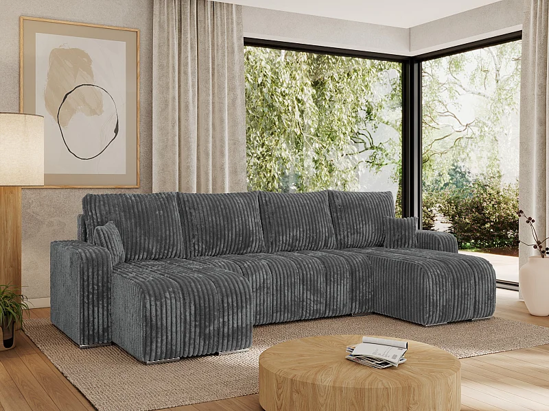 Ecksofa KIRASSO U - Wohnlandschaft, Schlaffunktion und Bettkasten, Couch U-form, lose Kissen - Dunkelgrau Cord