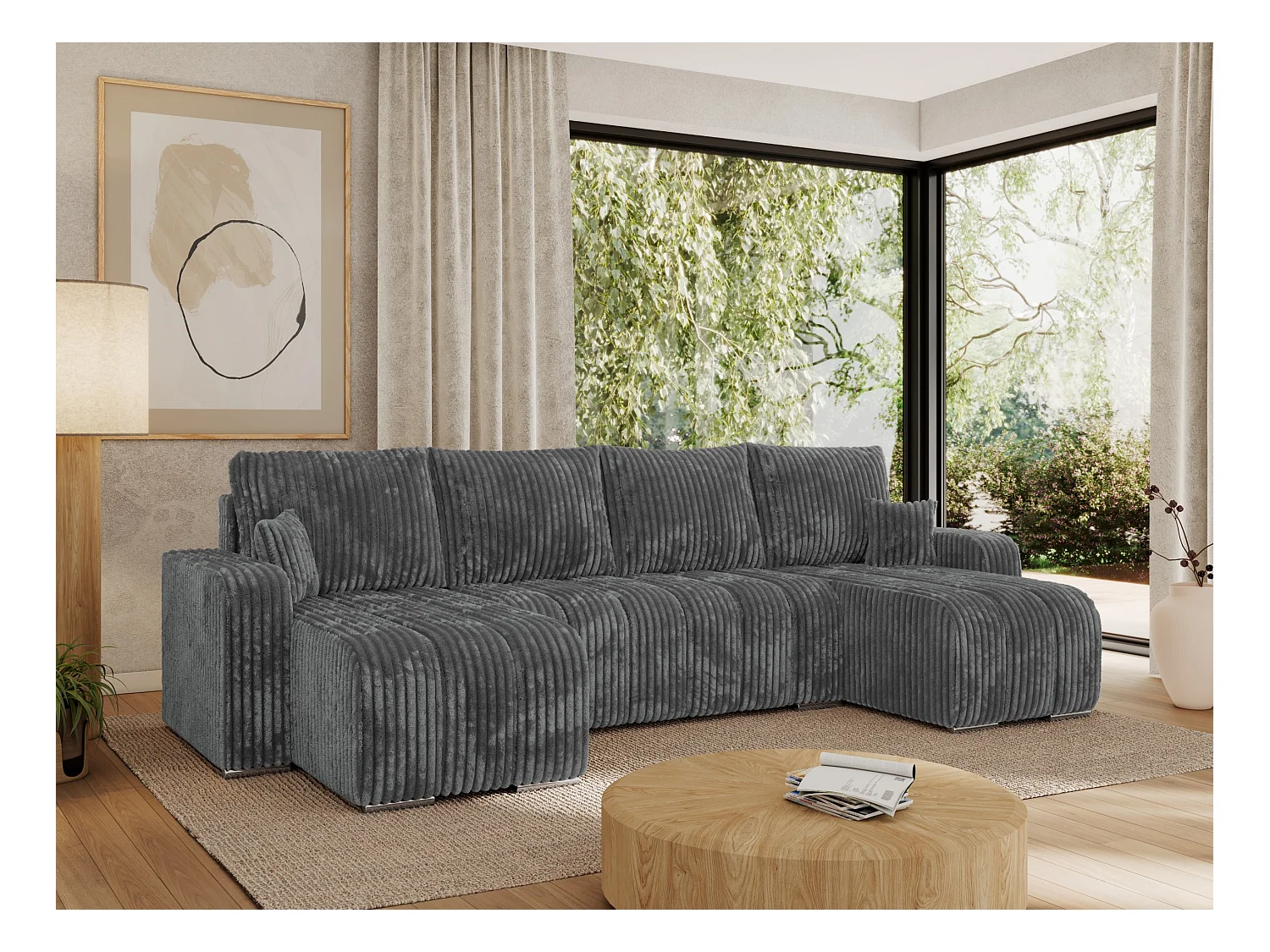 Ecksofa KIRASSO U - Wohnlandschaft, Schlaffunktion und Bettkasten, Couch U-form, lose Kissen - Dunkelgrau Cord