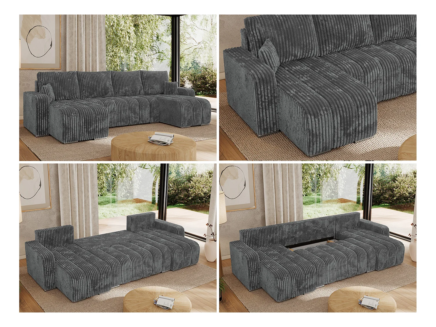 Ecksofa KIRASSO U - Wohnlandschaft, Schlaffunktion und Bettkasten, Couch U-form, lose Kissen - Dunkelgrau Cord