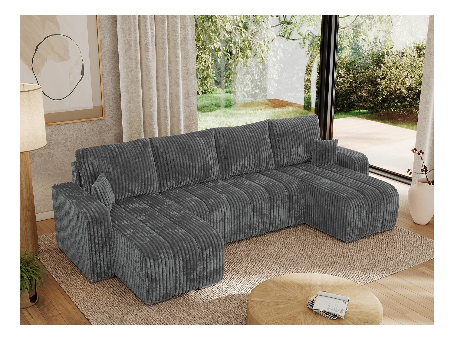 Ecksofa KIRASSO U - Wohnlandschaft, Schlaffunktion und Bettkasten, Couch U-form, lose Kissen - Dunkelgrau Cord